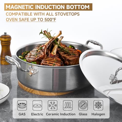 Inqibee Tri-Ply Stainless Steel 8 Quart Rondeau Pot with Lid Braiser Pan, 13 inch Deep Frying Pan, Versatile Cookware, Large Saute Pan, Compatible With All Cooktops, Induction Compatible, Oven-Safe