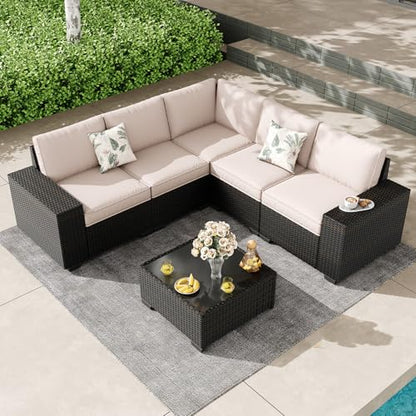 SunloungeCo Patio Furniture Set, 6 Pieces Outdoor Couch Sofa with Wider Armrests & Glass Coffee Table, Outdoor Sectional Furniture with Thick Cushions for Party, Poolside,Garden-Beige