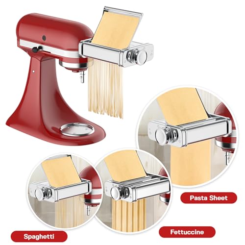 3-in-1 Pasta Attachment for KitchenAid Stand Mixer, Stainless Steel Pasta Maker for KitchenAid Mixer Attachments, Pasta Maker Includes Pasta Roller, Spaghetti & Fettuccine Cutter by Cofun