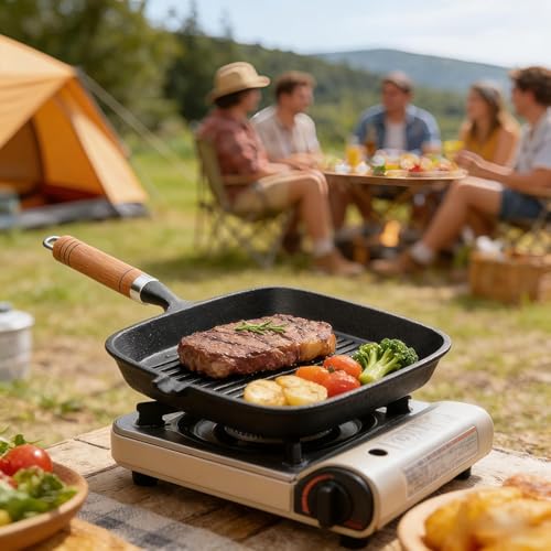 JSY Sun Cast Iron Grill Pan, 9 Inch Griddle Pan with Kitchen Tong & Oil Brush, Gilling Skillet with Pour Spout & Grill Lines for Searing Steak, Stove Tops Gas Induction Campfire Compatible, PFOA Free