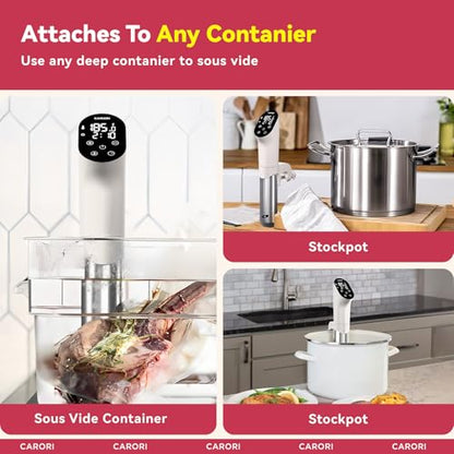 Carori Sous Vide Machine 1100W, Sous Vide Precision Cooker, Ultra Quiet Immersion Circulator with Recipes, Accurate Temperature and Time Control with Adjustable Clamp, Brushless Motor, White