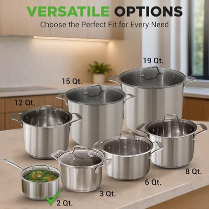 NutriChef 2 Quart Stainless Steel Saucepan with Lid - Heavy Duty Pot with Ergonomic Handles, For All Cooktops