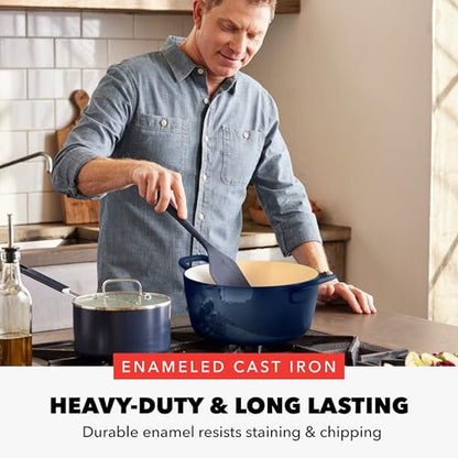 GreenPan x Bobby Flay 5.5QT Enameled Cast Iron Round Dutch Oven with Lid, Dual Handles, Oven Safe to 500F & Induction Suitable, Self Basting Lid, Ultra-Durable, Sear, Braising, Bread, Stews, Cobalt