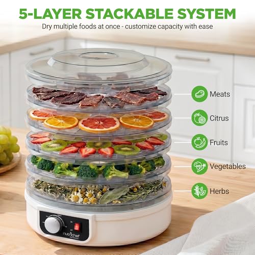 NutriChef Electric Countertop Food Dehydrator - Multi-Tier High-Heat Circulation Professional Food Preserver, Fruit, Vegetable Dryer, Meat or Beef Jerky Maker w/ 5 Stackable Trays - AZPKFD12