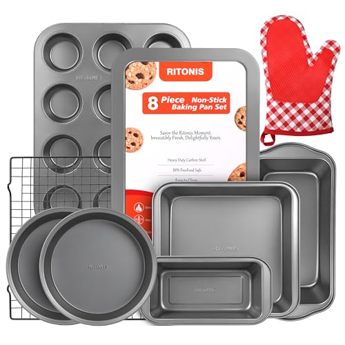RITONIS 8-Piece Baking Pans Set, Non-stick Bakeware Sets Non-Toxic Baking Sheet Sets for Cooking, Include Round＆Square Cake Pan,Bread Pan,Muffin Pan, Cookie Sheet,Cooling Rack,with Baking Glove,Black