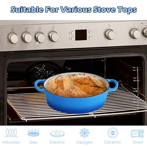 TeamFar Oval Dutch Oven, 5qt Enameled Cast Iron Dutch Oven Pot with Lid, For Bread Baking/Stewing/Braising/Frying, Suitable for Various Stoves, Dual Handles & Easy Cleanup, Blue