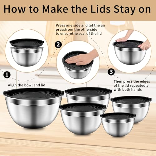 ZEENSUY Mixing Bowls with Airtight Lids Set, 5 PCS Stainless Steel Black Nesting Bowls for Kitchen, Large Prep Metal Mixing Bowls for Kitchen, 5.5/4/3.5/2/1.5 QT for Mixing & Serving