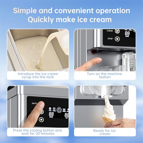 Commercial Ice Cream Maker Machine 1200W Single Flavor Soft Serve Ice Cream Machine 3.2 to 4.2 Gal/H 110V Ice Cream Machine with Pre-Cooling, Auto Clean, 6L Hopper for Restaurant Snack Bar