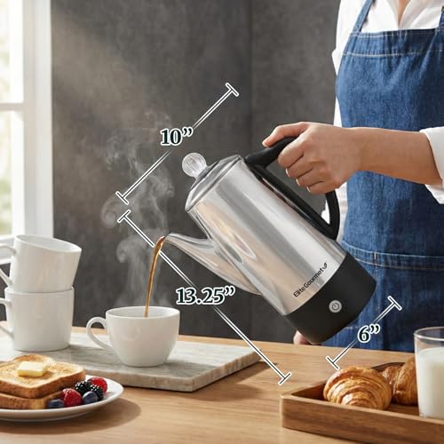 Elite Gourmet EC812 Electric 12-Cup Coffee Percolator with Keep Warm, Clear Brew Progress Knob Cool-Touch Handle Cord-less Serve, Stainless Steel