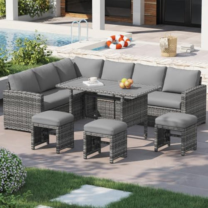 U-MAX 7 Pieces Patio Furniture Set with Waterproof Cover, Outdoor Sectional Sofa Conversation Set, All Weather Wicker Rattan Dining Table & Chair with Ottoman, Grey Rattan&Grey Cushion