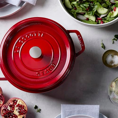Staub Cast Iron Round Cocotte, Dutch Oven, 4-quart, serves 3-4, Made in France, Cherry