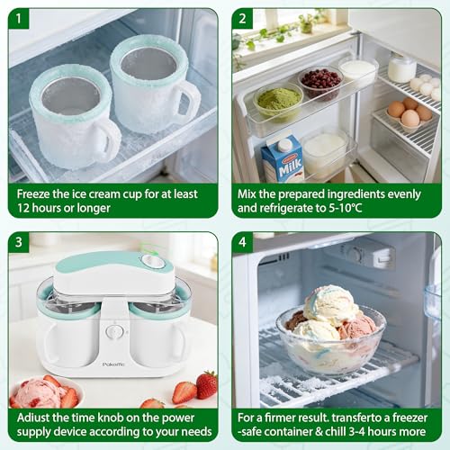 Pukomc Ice Cream Maker Machine for Home Use, with Two Ice Cream Bowls,Simple Operation and Easy to Clean,White Green