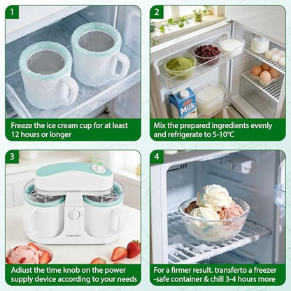 Pukomc Ice Cream Maker Machine for Home Use, with Two Ice Cream Bowls,Simple Operation and Easy to Clean,White Green