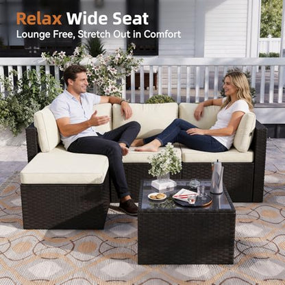Aoxun Patio Furniture Set 5-Piece, Outdoor Sectional Sofas with Washable Cushion, Wicker Rattan Patio Conversation Sets for Backyard Porch and Poolside, Beige