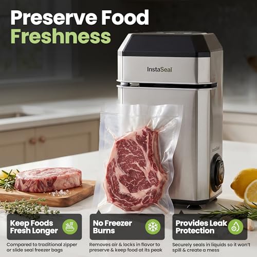 InstaSeal Vacuum Sealer for Food with 12 Bags, Preserves Foods 5x Longer, Space Saving Compact Upright Design Allows Machine to Seal Marinades, Soups, Meats for Sous Vide Cooking, Vegetables