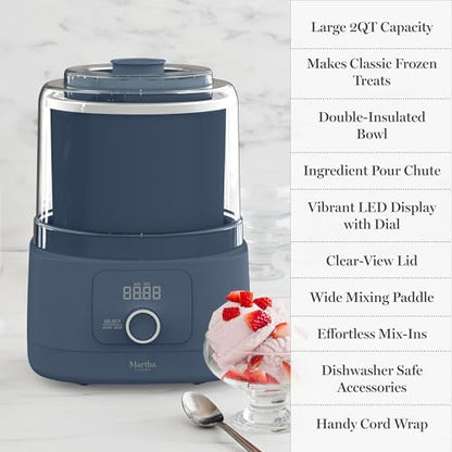 Martha Stewart Ice Cream Maker, 2 Quart Double-Insulated Freezer Bowl, Sorbet & Frozen Yogurt, Ready in 20 Minutes, Mix-Ins Chute, Easy to Clean, Indigo Blue