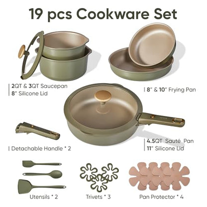 CAROTE 19 Pcs Pots and Pans Set, Nonstick Cookware Sets with Detachable Handle, Titanium Reinforced, Oven Safe, Cookware Non Stick Cooking Set w/Frying Pans & Saucepans Green(PFOS, PFOA Free)