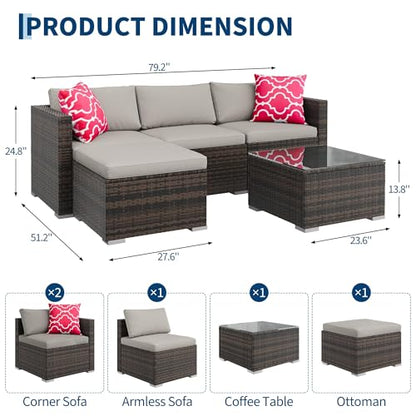 GAOMON 5-Piece All-Weather Patio Furniture Set, Convertible Outdoor Sectional Sofa with Ottoman & Tempered Glass Table, PE Rattan Conversation Set for Garden, Backyard, Porch, Poolside