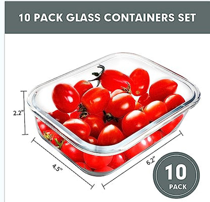VERONES 10 Pack 22 OZ Glass Meal Prep Containers, Airtight Glass Lunch Containers Set, Glass Food Storage Containers with Lids,Exclusive of BPA, for Microwave, Oven, Freezer & Dishwasher Friendly,Grey