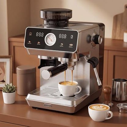 MOEFO Espresso Machine with Grinder, 20-Bar Programmable Semi-Automatic Coffee Maker, Visual Pressure Gauge & Touchscreen, Compact Design with Tamper, Make Americano, Latte, Silver