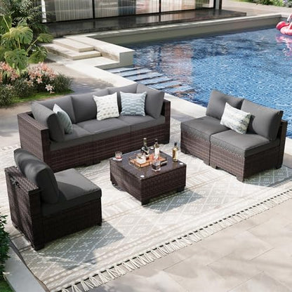 OUGMMGOU 7-Piece Outdoor Patio Furniture Set, 6-Seat All-Weather PE Rattan Wicker Patio Sectional Furniture Set with Coffee Table, 450 lb Capacity