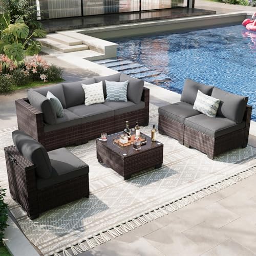 OUGMMGOU 7-Piece Outdoor Patio Furniture Set, 6-Seat All-Weather PE Rattan Wicker Patio Sectional Furniture Set with Coffee Table, 450 lb Capacity