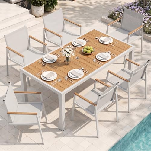 Oasbira Outdoor Dining Set, 7 Piece Aluminum Patio Table and Chairs Set, All Weather Patio Dining Furniture Set with Umbrella Hole for Backyard, Deck, Poolside (White-Teak)