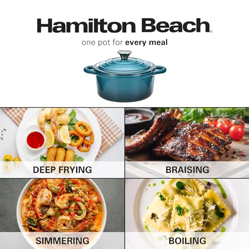 Hamilton Beach 3-Quart Enameled Cast Iron Dutch Oven, Navy with Cream Interior | Even Heat Distribution & Easy-Grip Handles | Ideal for Braising, Roasting,Stewing & Bread Baking