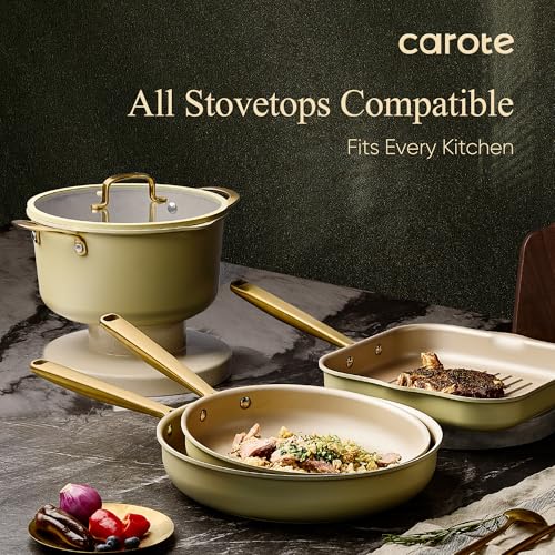 CAROTE 19Pcs Pots and Pans Set, Non Stick Induction Cookware Sets with Durable Cast Steel Handle, Oven-Safe Pots and Pans with Cooking Utensils, PFOS/PFOA Free, Dishwasher Safe, Aluminum