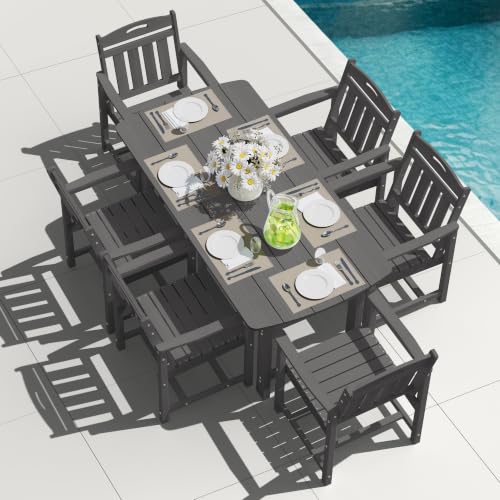 SUUNYN HDPE Outdoor Dining Set, Patio Table and Chairs Set, All-Weather 7-Piece Outside Table and 6 Chairs, 2" Umbrella Hole, Outdoor Furniture for Garden, Poolside, Backyard, Deck | Grey