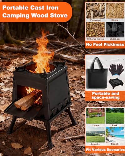 GVUHR Portable Wood Burning Stove - Lightweight Cast Iron Camp Stove for Backpacking，A Small Size 8.9in * 8.9in * 8.7in Backpacking Camping Stove Kit (Black, Small)