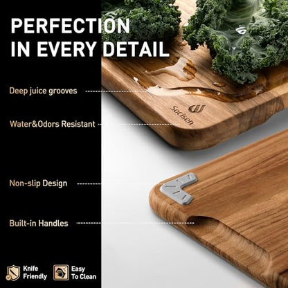 3 Pack Teak Wood Cutting Board Set for Kitchen Charcuterie Board Serving Heavy Duty Non Toxic Slip Over Sink Solid Thick Haus Wooden Chopping Board Large Big Small Meat Best Kitchen Mother Gift