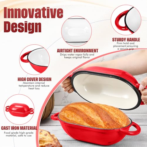 Maxdot 4qt Dutch Oven with Lid Enameled Cast Iron Sourdough Bread Pan for Baking Non Stick Single with Loop Handles for Family Homemade Breadbaking(Red)