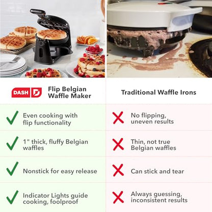 Dash Flip Belgian Waffle Maker - 6.5" Nonstick Surface - Rotating Belgian Waffle Maker with Quick Heat-Up System for Easy Breakfasts - Supports Multi-Use - Black