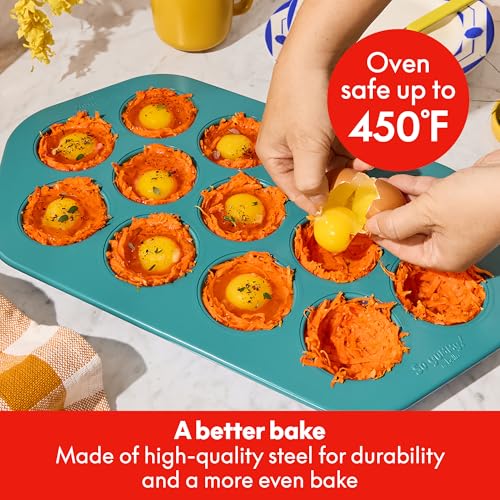 SO YUMMY by bella Baker’s Dozen Muffin Pan, 13 Round Cups Metal Baking Pan w Nonstick Coating & Stamped Fill Lines, PFAS Free, Dishwasher & Oven Safe, for Muffins & Cupcakes, Moonstruck
