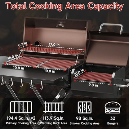 kscocinaBBQ Portable Charcoal Grill with Smoking Function, Foldable Suitcase Design with Wheels, Multi-Tier Storage Rack & Waterproof Cover for Outdoor BBQ Parties (Khaki)