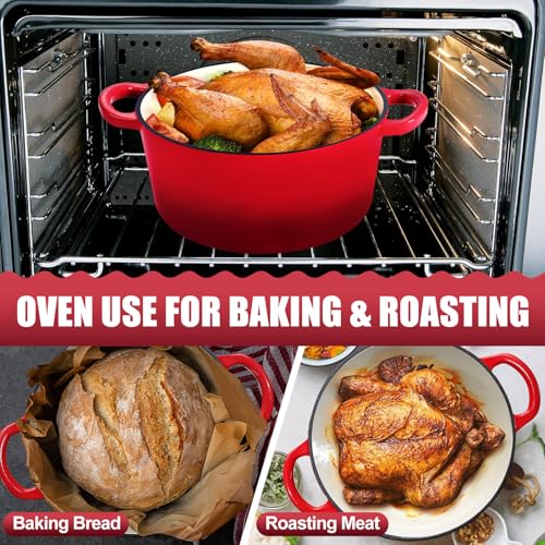 P&P CHEF 7QT Enameled Dutch Oven, Cast Iron Dutch Oven Pot with Lid for Bread Baking, Enameled Casserole Pot for Roasting Braising Stewing Frying Simmering, Various Stoves & Easy Clean, Red