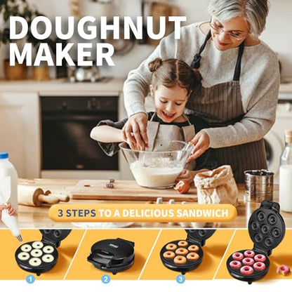 DSP Mini Donut Maker - Non-Stick, Cool Touch Electric Doughnut Machine for Mini Donuts - Perfect for Breakfast, Snacks & Desserts (Black, 7 Donuts)