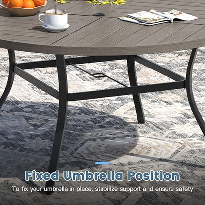 DIFY 11 Pieces Outdoor Dining Set, Metal Patio Table and Chairs Set for 10 with Umbrella Hole, 59.8" Round Dining Table and Textilene Stackable Patio Chairs for Garden Backyard Deck, Grey Wood-Like