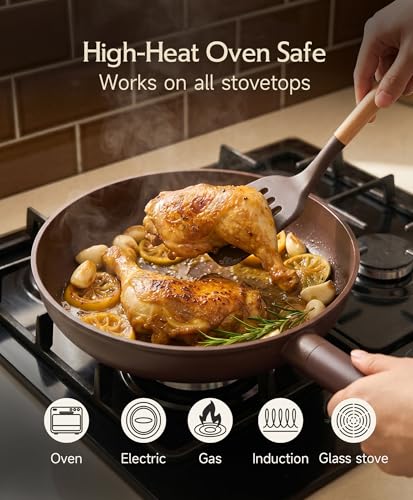 JEETEE 50-Piece Titanium Pots and Pans Set NonStick, Mocha Brown Cookware Set with 6pc Bakeware, Professional Pot and Pan Set for New Home Cooking, Induction & Oven Safe, PFAS Free