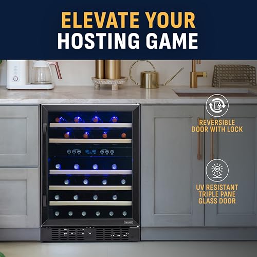 NewAir 24" Dual Zone Wine Fridge for 46 Bottles | Built-In or Freestanding Wine Cooler Refrigerator with Glass Door | Quiet Cooling & Adjustable Shelves for Red and White Wine | Black Stainless Steel