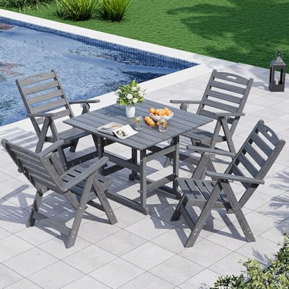 PamapicLife Dining Table Set, 5-Piece HDPE Outdoor Dining Set for 4, Grey