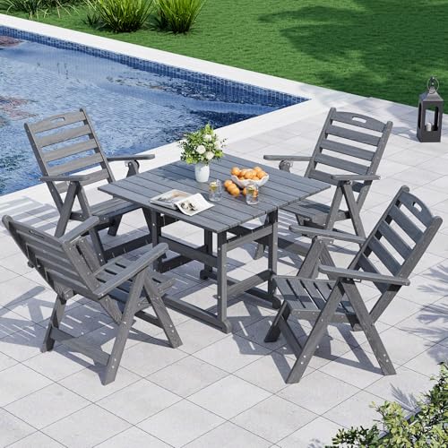 PamapicLife Dining Table Set, 5-Piece HDPE Outdoor Dining Set for 4, Grey