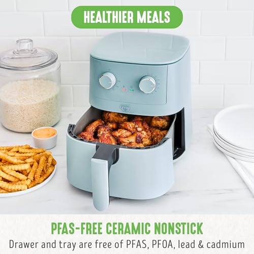 GreenLife 4.5QT Air Fryer, Mechanical Dial Controls, PFAS-Free Ceramic Nonstick Drawer, Adjustable Temp & Timer, LED Indicator, Oil-Less Cooking, Dishwasher Safe, Compact Family Size, Blue