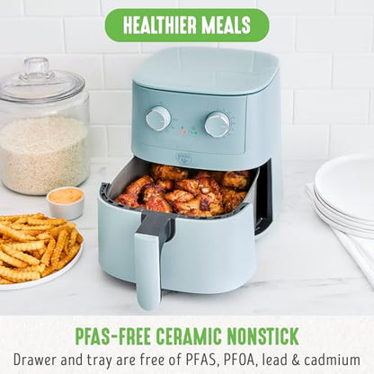 GreenLife 4.5QT Air Fryer, Mechanical Dial Controls, PFAS-Free Ceramic Nonstick Drawer, Adjustable Temp & Timer, LED Indicator, Oil-Less Cooking, Dishwasher Safe, Compact Family Size, Blue