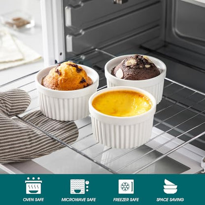 vancasso 8 oz Ramekins with Lid, Porcelain Creme Brulee Souffle Dishes, White Pudding Custard Cups Ramiken for Baking, Dishwasher and Oven Safe, Set of 6