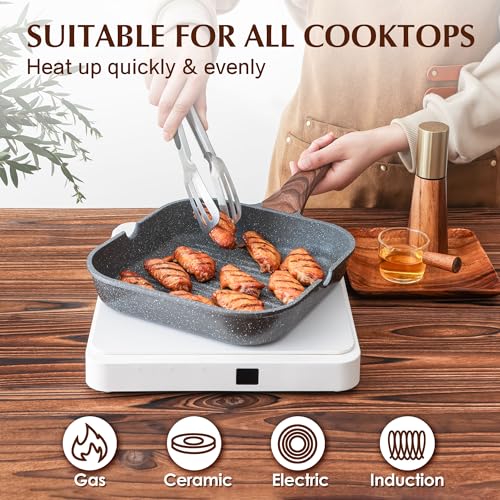 SENSARTE Nonstick Grill Pan for Stove Tops, Versatile Griddle Pan with Pour Spouts, Square Grill Pan for Big Cooking Surface, Durable Grill Skillet for Indoor & Outdoor Grilling. PFOA Free, 11 Inch