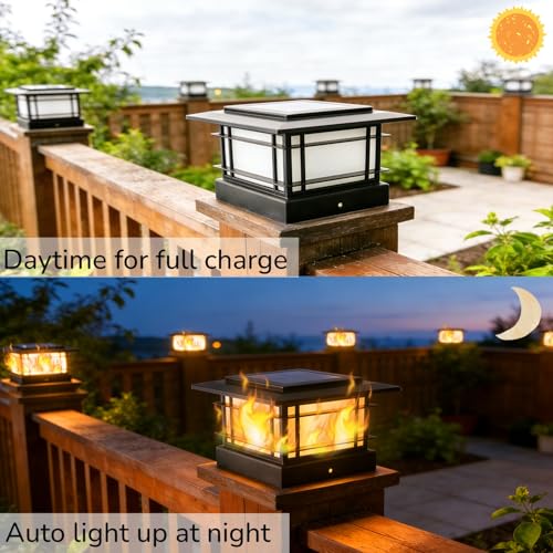 Dynaming 4x4 Solar Post Cap Lights Outdoor with Flickering Flame Light, Black Shell Fence Post Solar Lights Fit Vinyl/Wooden Posts, Brightness LED Lighting Decor for Garden Deck Patio, 12 Pack