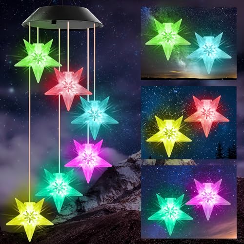 Blue Star Solar Wind Chime Outdoor Color Changing Crystal Star Solar Light Gifts for Women Waterproof LED Wind Chime Garden Decor Solar Powered Windchimes Unique Chiristmas Gifts