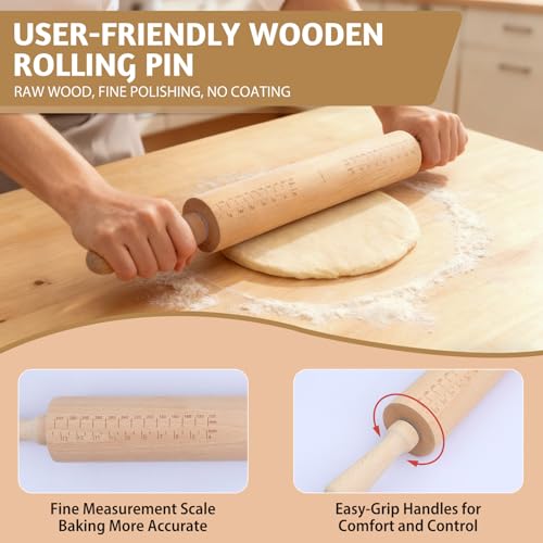 Long Adjustable Wood Rolling Pin: 21.1 Inch Rolling Pin with Thickness Rings and Measurement - Wooden Dough Roller for Baking Pastry Pizza Pie Crust Tortillas Cookie Bread - Bakers Baking Lovers
